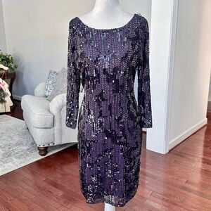 adrianna papell purple sequin dress Adrianna Papell Evening Halter Dress Plum Purple Taffeta Applique Sz 10